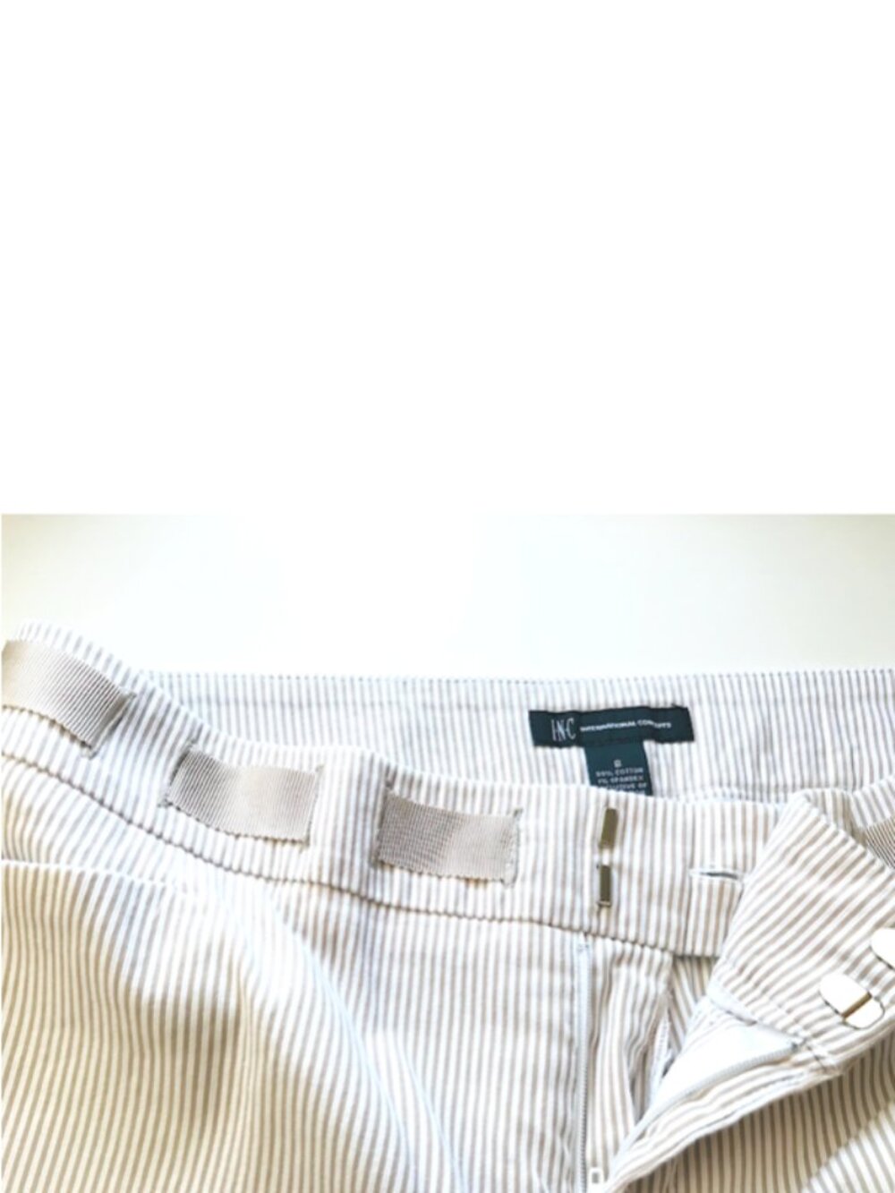 2/$29 INC ribbon waist cropped capri size 8 tan white pinstriped pants - Picture 5 of 12